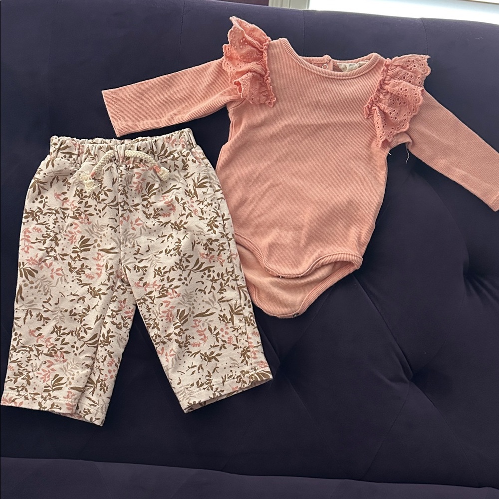 Pink Ruffled Onesie and Floral Pants Set
